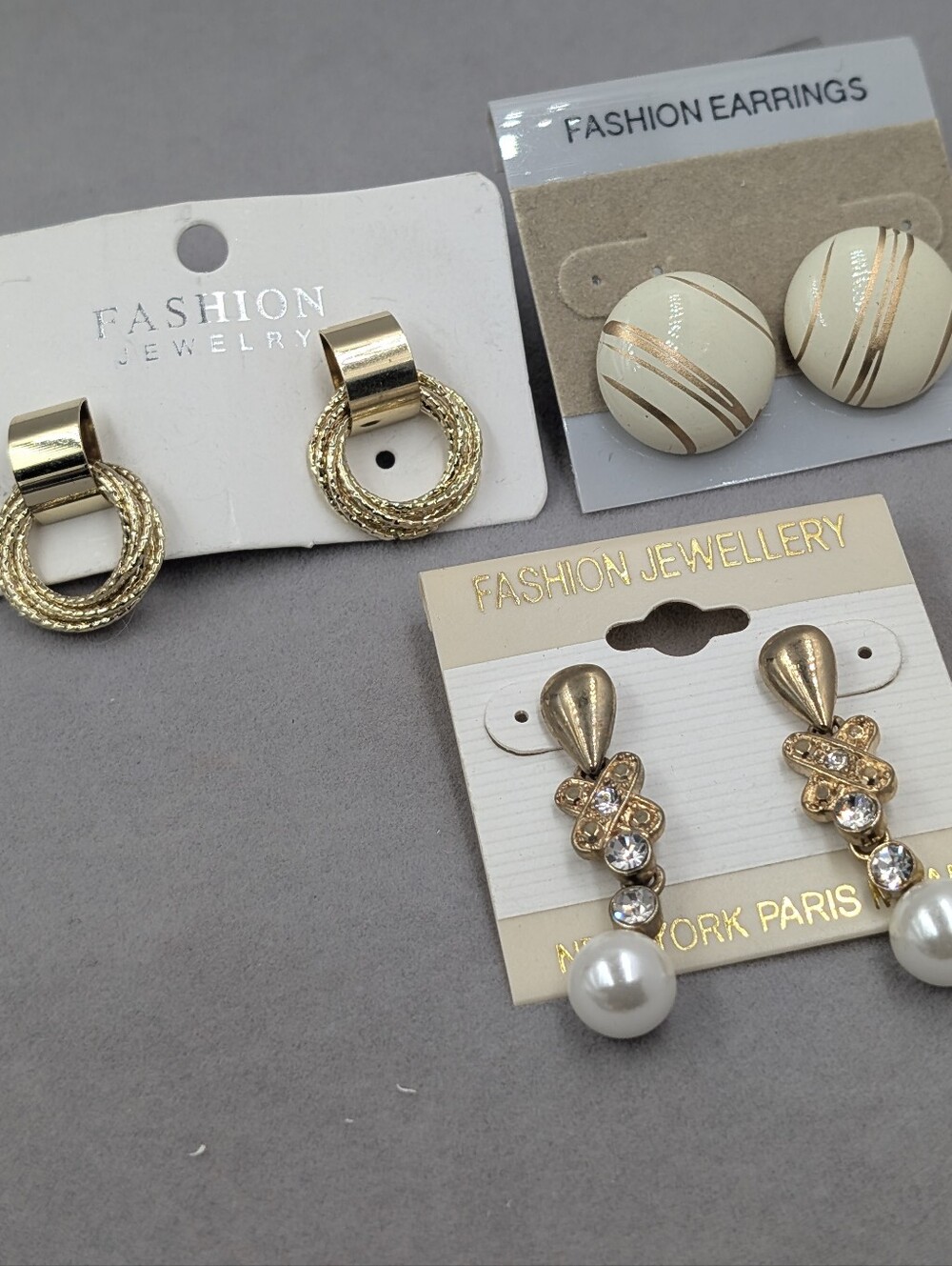 3 Pair Gold Tone Fashion Earring Bundle Pearl Rhinestone Retro NWT | 1133